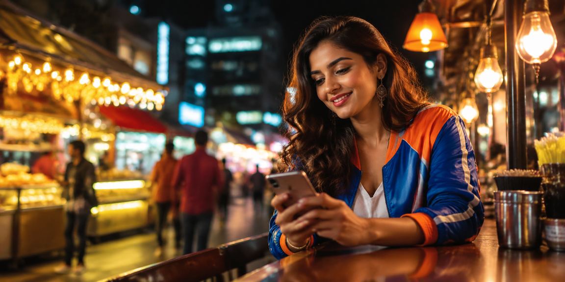 Night market scene in Bangalore with digital betting activity