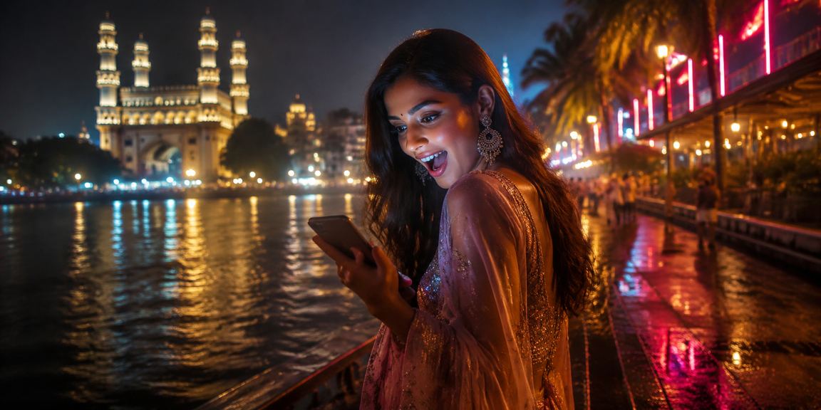 Mobile casino gaming scene near Charminar, Hyderabad at night
